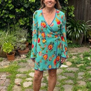 Summer Wrap dress by Cisos turquoise, floral print with navy pipping